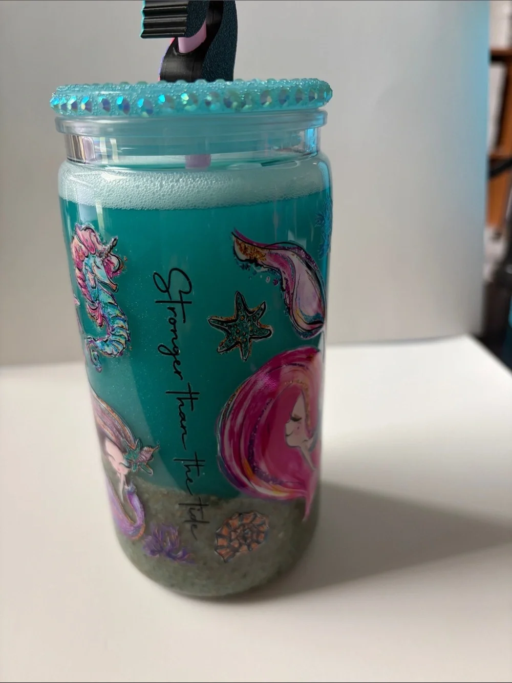 Mermaid 16 oz Beach Shimmer Tumbler w/ Jeweled Lid & Topper